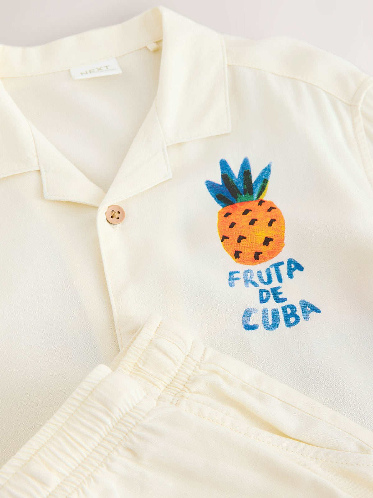 Ecru Fruta de Cuba Print Short Sleeve Revere Collar Shirt & Shorts Set (3mths-10yrs)