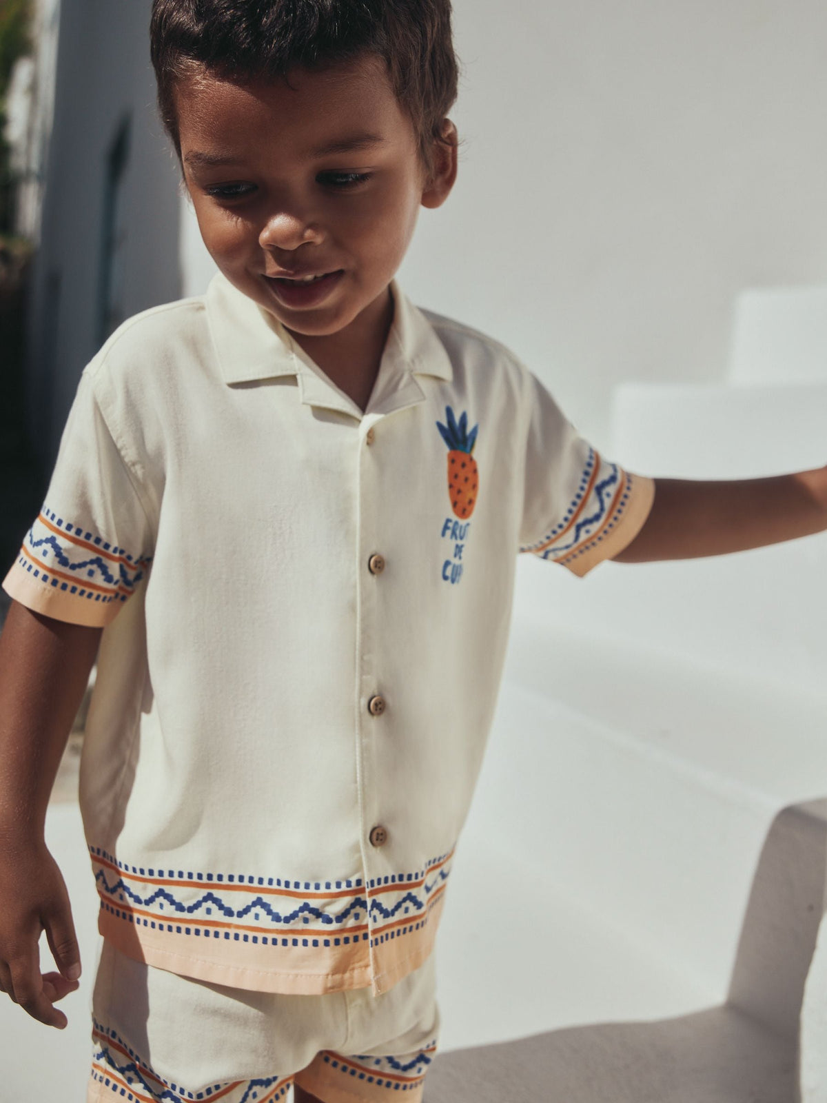 Ecru Fruta de Cuba Print Short Sleeve Revere Collar Shirt & Shorts Set (3mths-10yrs)