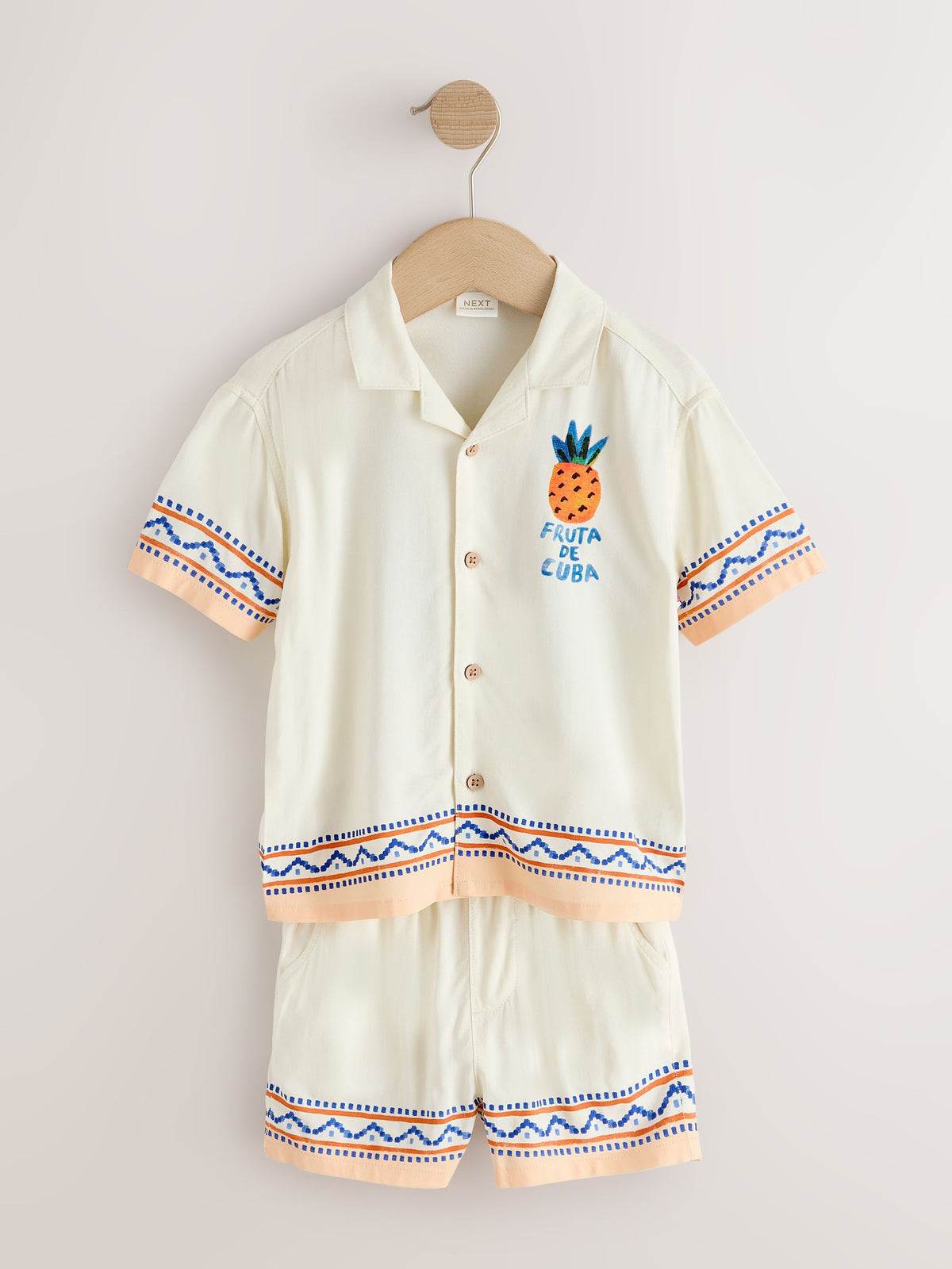 Ecru Fruta de Cuba Print Short Sleeve Revere Collar Shirt & Shorts Set (3mths-10yrs)