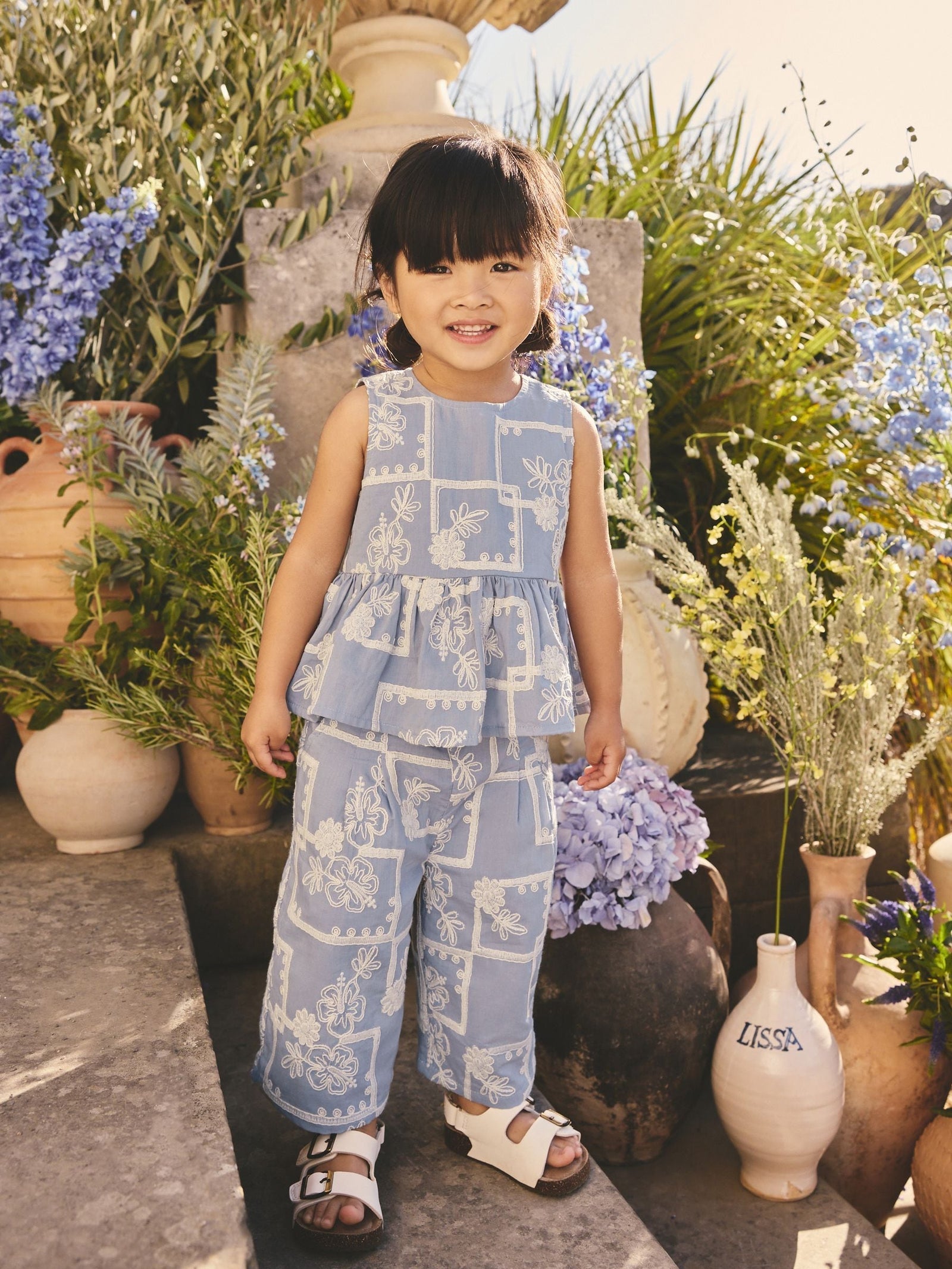 Blue/Ecru Embroidered Blouse And Trousers Co-ord Set (3mths-8yrs)