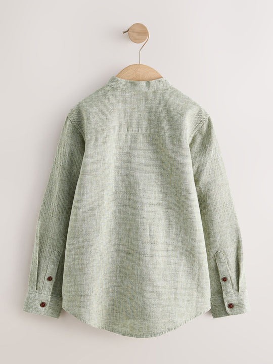 Sage Green Long Sleeve Grandad Collar Cotton/Linen Mix Texture Shirt (3-16yrs)