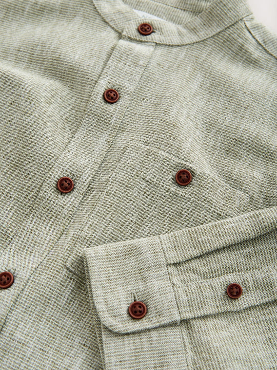 Sage Green Long Sleeve Grandad Collar Cotton/Linen Mix Texture Shirt (3-16yrs)
