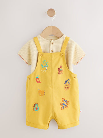 Yellow Fruit/Veg Print Dungarees And Bodysuit Baby Set (0mths-2yrs)
