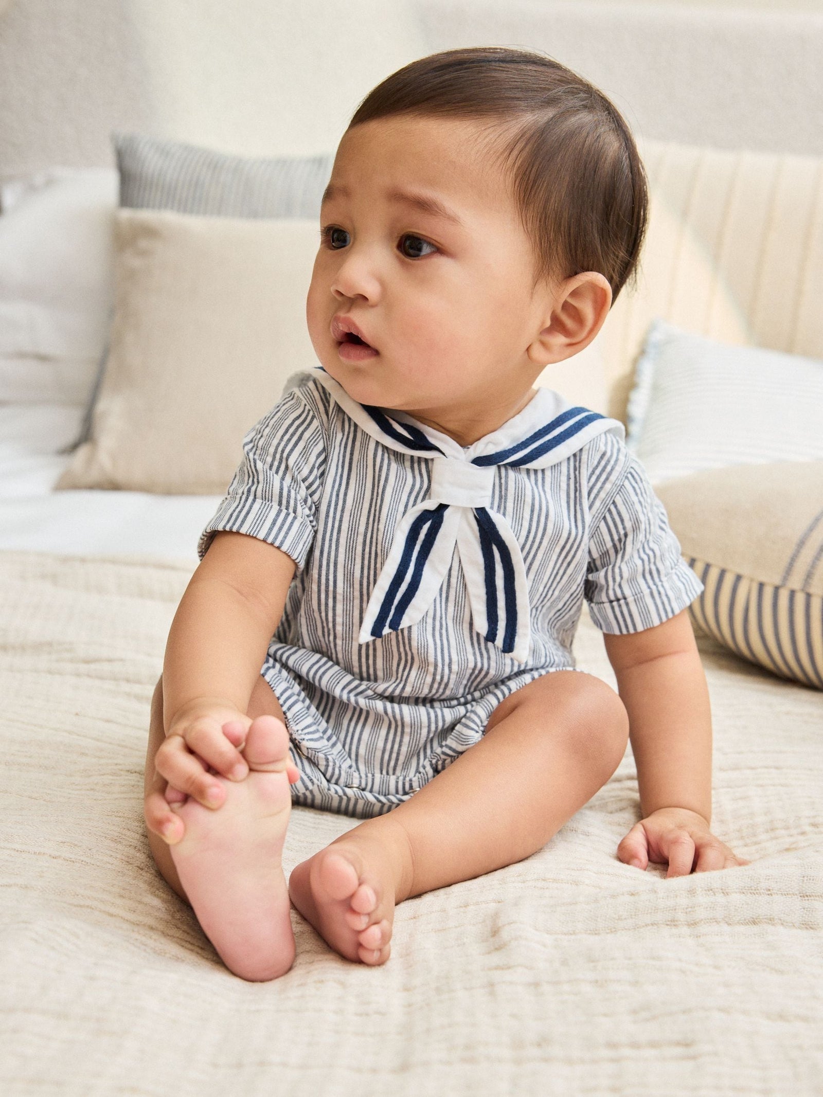 Blue Stripe Woven Baby Romper (0mths-3yrs)