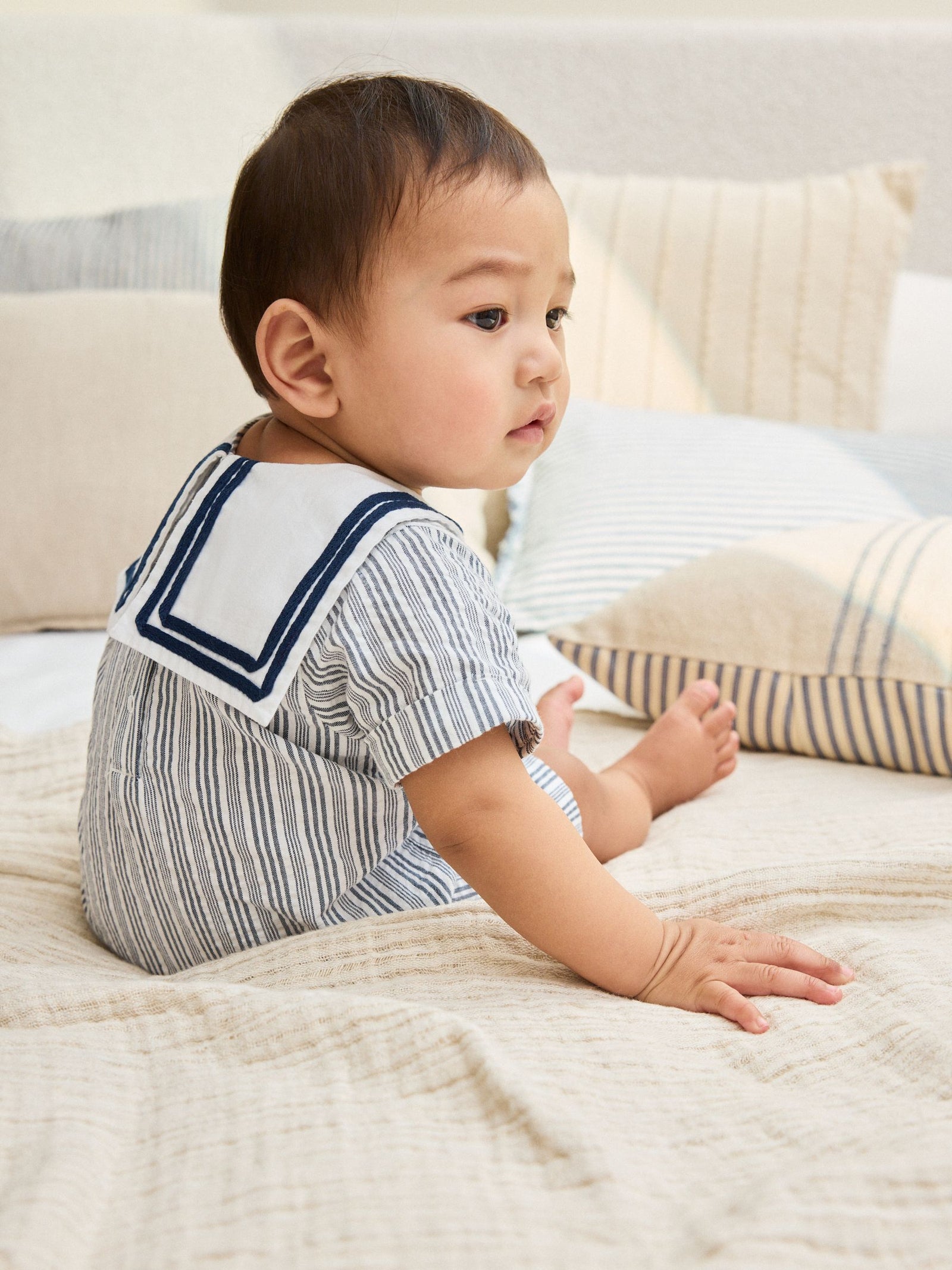 Blue Stripe Woven Baby Romper (0mths-3yrs)