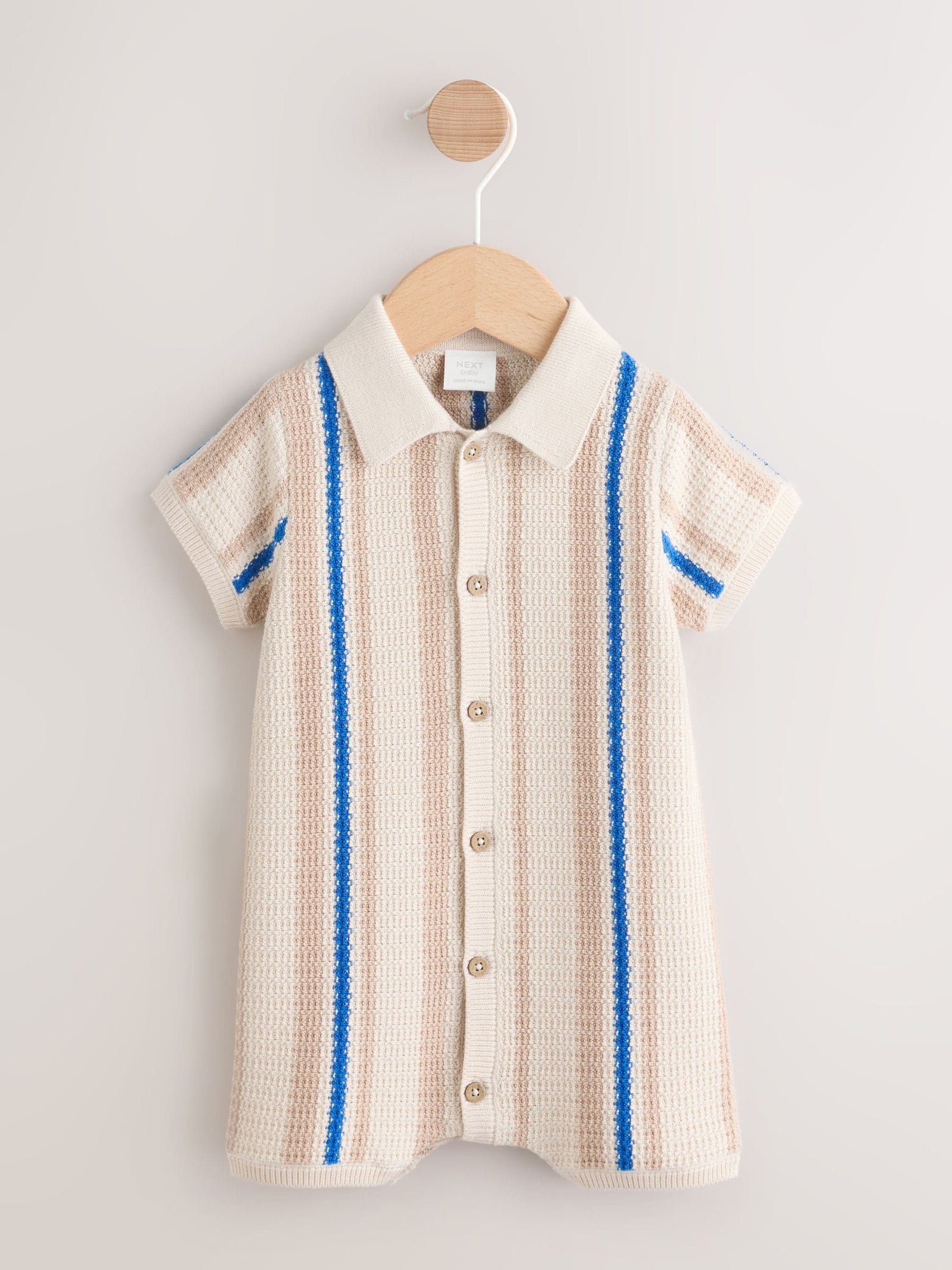 Blue/Neutral Stripe Knitted Baby Romper (0mths-3yrs)
