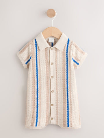 Blue/Neutral Stripe Knitted Baby Romper (0mths-3yrs)