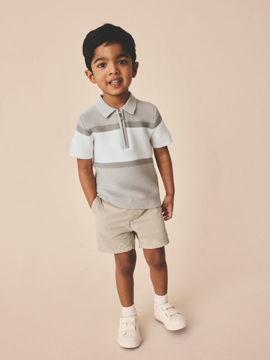 Neutral Colourblock Knitted Zip Neck Polo Shirt (3mths-7yrs)