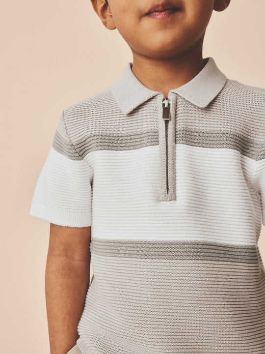 Neutral Colourblock Knitted Zip Neck Polo Shirt (3mths-7yrs)