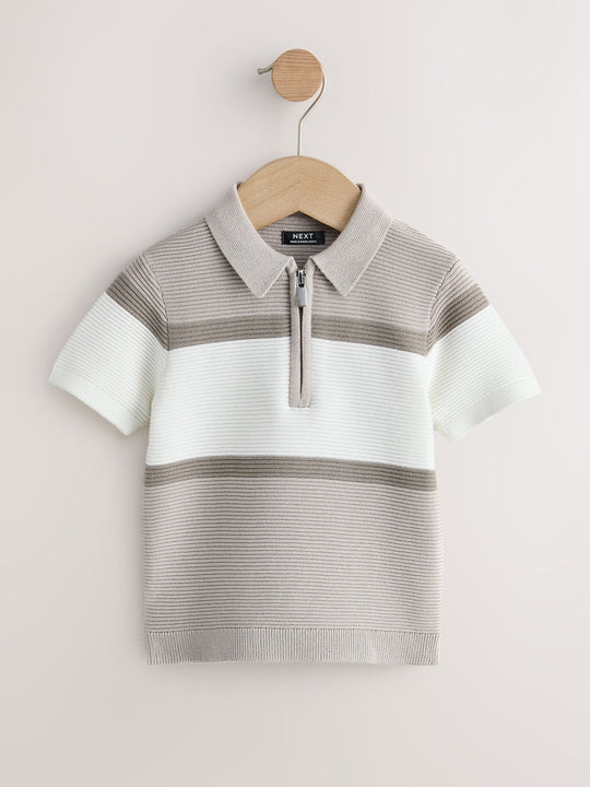 Neutral Colourblock Knitted Zip Neck Polo Shirt (3mths-7yrs)