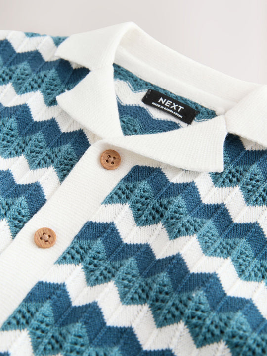 Blue/White Zig Zag Knitted Revere Collar Polo Shirt (3mths-7yrs)