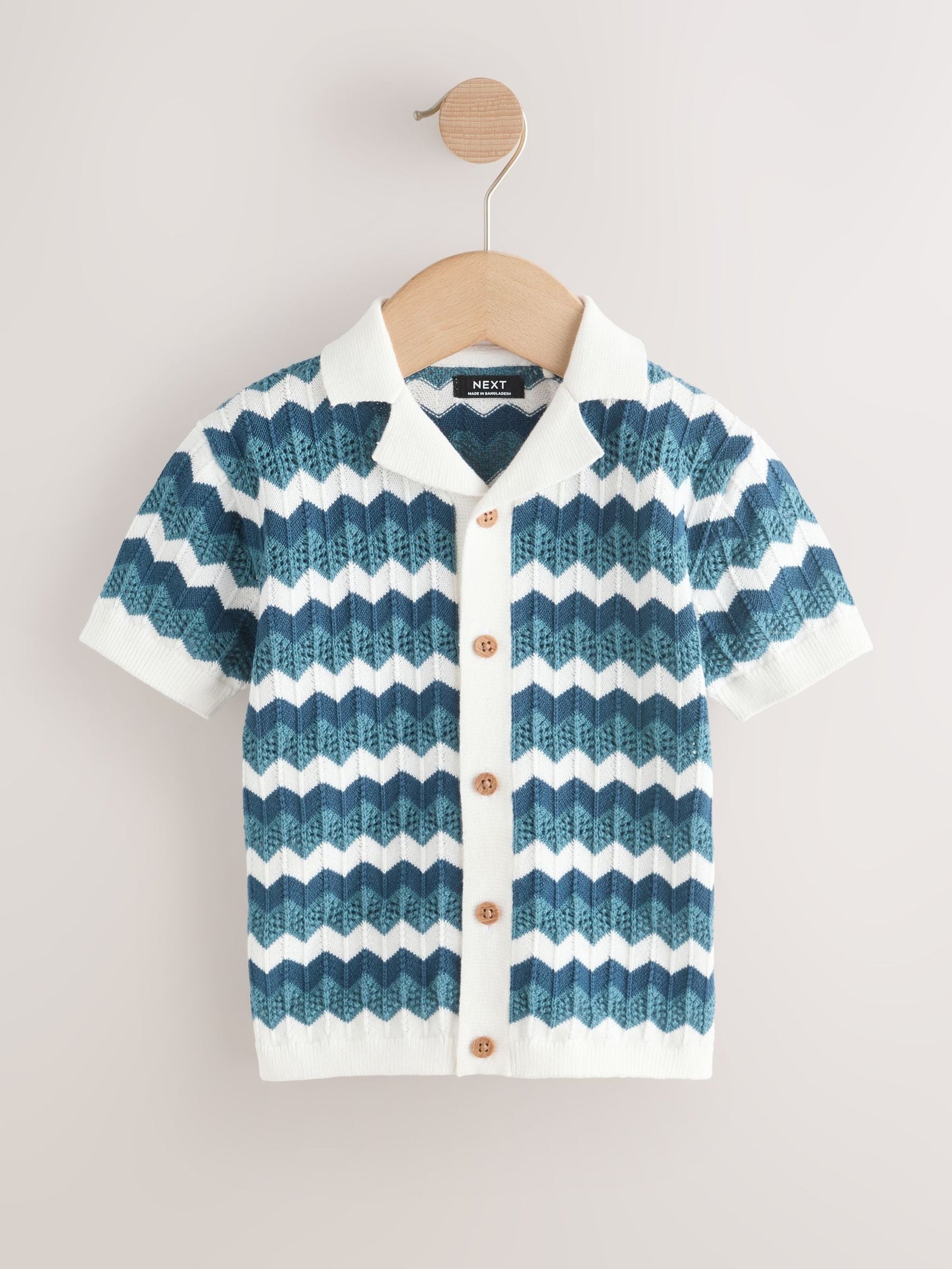 Blue/White Zig Zag Knitted Revere Collar Polo Shirt (3mths-7yrs)