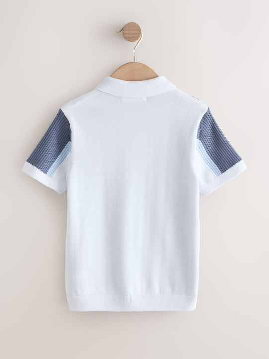 Blue/White Knitted Zip Neck Polo Shirt (3-16yrs)
