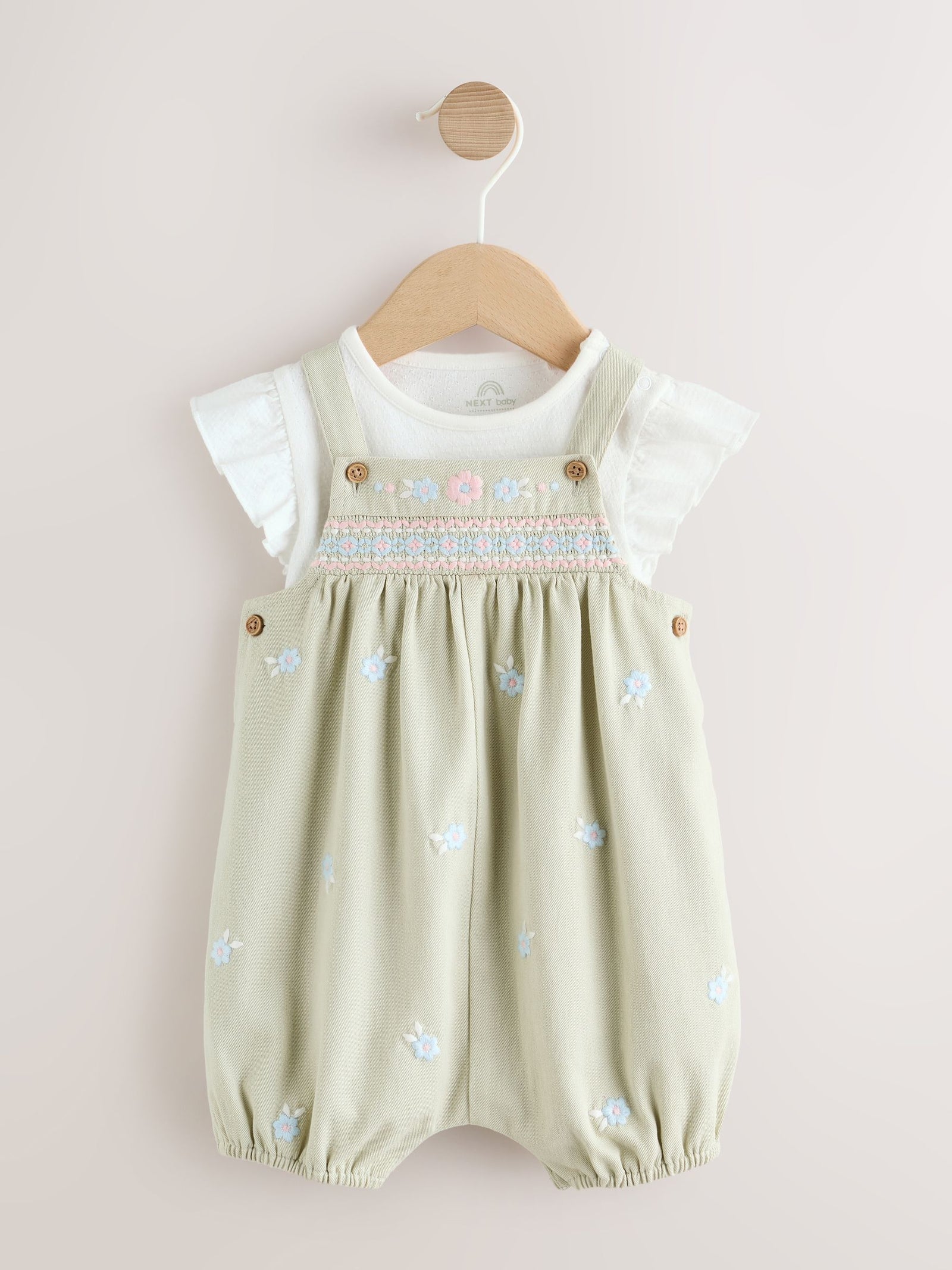 Sage Green Embroidered Baby Dungarees and Bodysuits Set 2 Piece (0mths-2yrs)