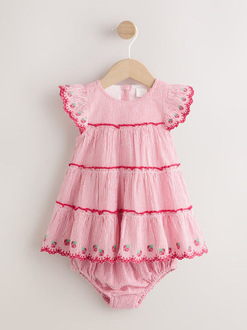 Red Strawberry Baby Tiered Woven Dress and Knickers Set 2 Piece (0mths-2yrs)