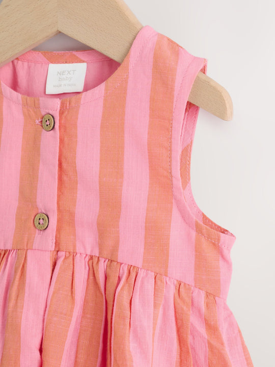 Pink Stripe Woven Baby Dress With Intergrated Bodysuit (0mths-2yrs)