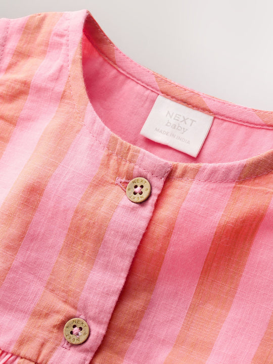 Pink Stripe Woven Baby Dress With Intergrated Bodysuit (0mths-2yrs)
