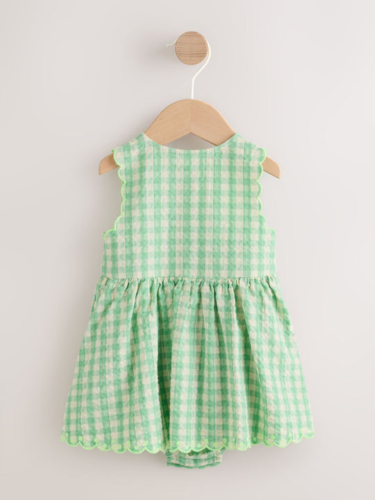 Green Gingham Woven Baby Dress With Intergrated Bodysuit (0mths-2yrs)