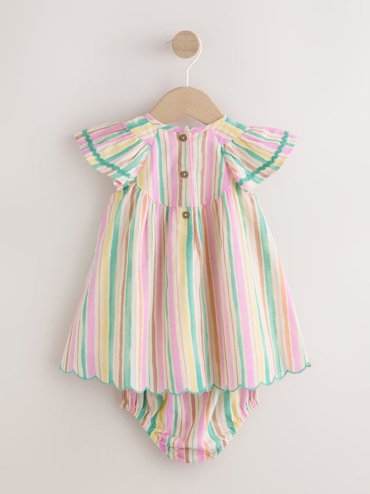 Multi Stripe Woven Baby Dress And Knickers 2 Piece Set (0mths-2yrs)