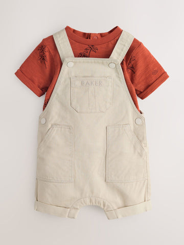 Baker by Ted Baker Stone and Rust Red Dungarees T-Shirt Set