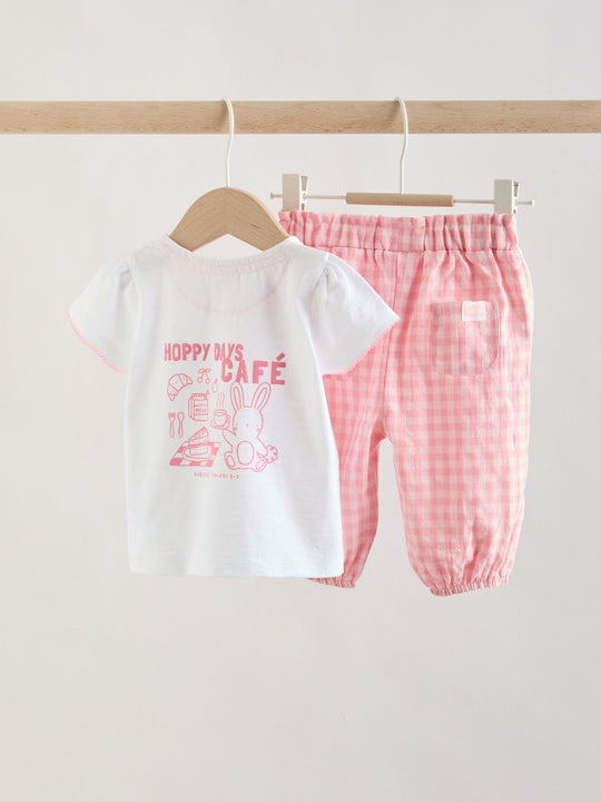 White Pink Bunny Short Sleeve Baby Tops and Wide Leg Leggings Set 2 Piece (0mths-2yrs)