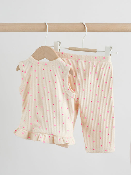 Pink Flower Rib Baby Top And Wide Leg Trousers Set 2 Piece (0mths-2yrs)
