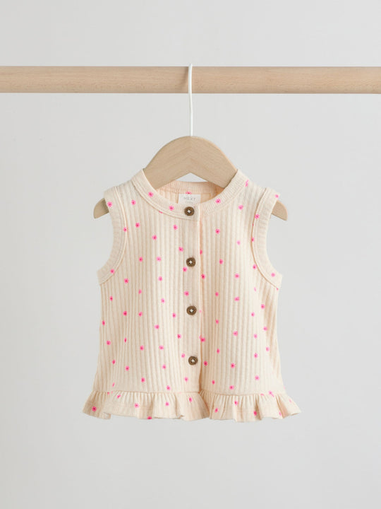 Pink Flower Rib Baby Top And Wide Leg Trousers Set 2 Piece (0mths-2yrs)