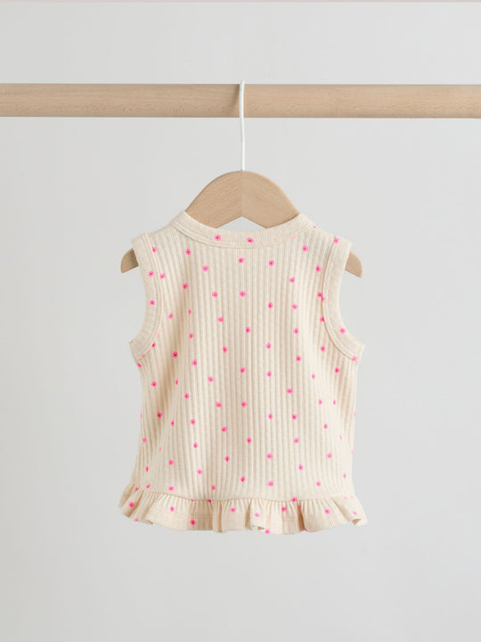 Pink Flower Rib Baby Top And Wide Leg Trousers Set 2 Piece (0mths-2yrs)
