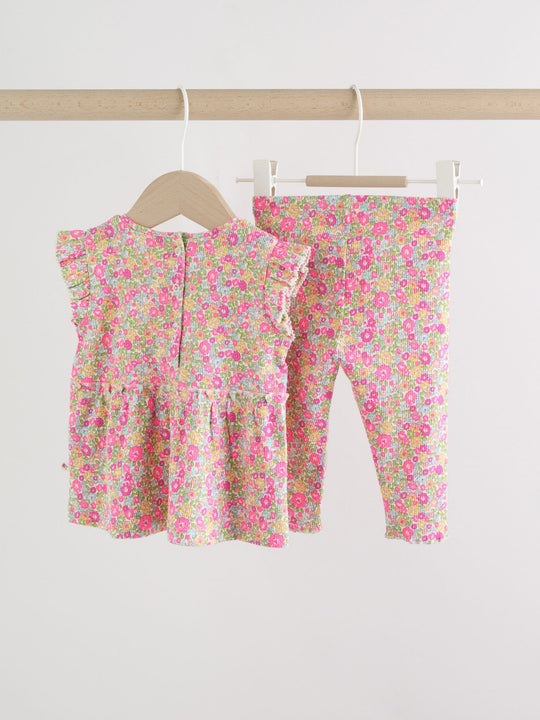 Pink Flower Rib Top and Leggings Baby Set 2 Piece (0mths-2yrs)