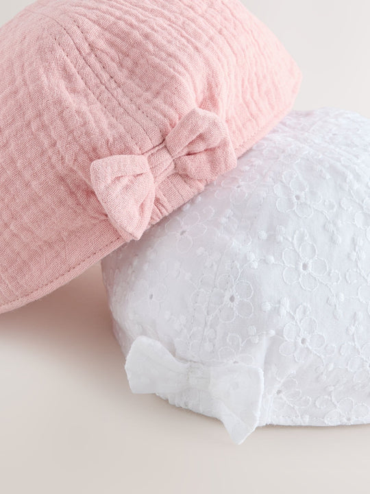 Pink/White Broderie Bow Back Baby Hats 2 Pack