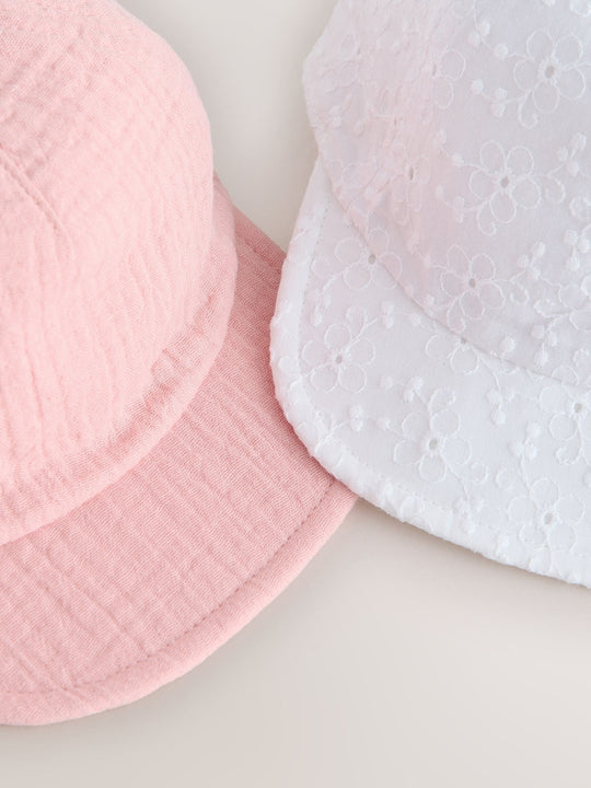 Pink/White Broderie Bow Back Baby Hats 2 Pack