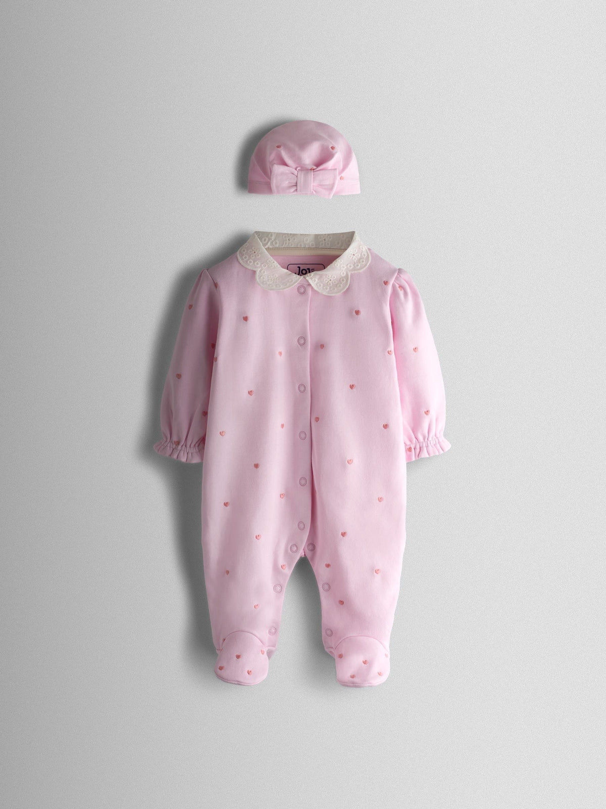 JoJo Maman Bébé Pink Heart Embroidered Cotton Footed Sleepsuit and Bonnet Set