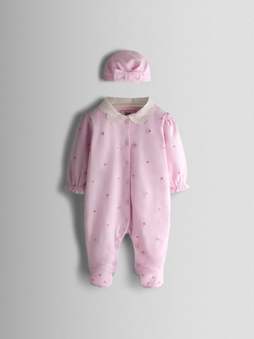 JoJo Maman Bébé Pink Heart Embroidered Cotton Footed Sleepsuit and Bonnet Set