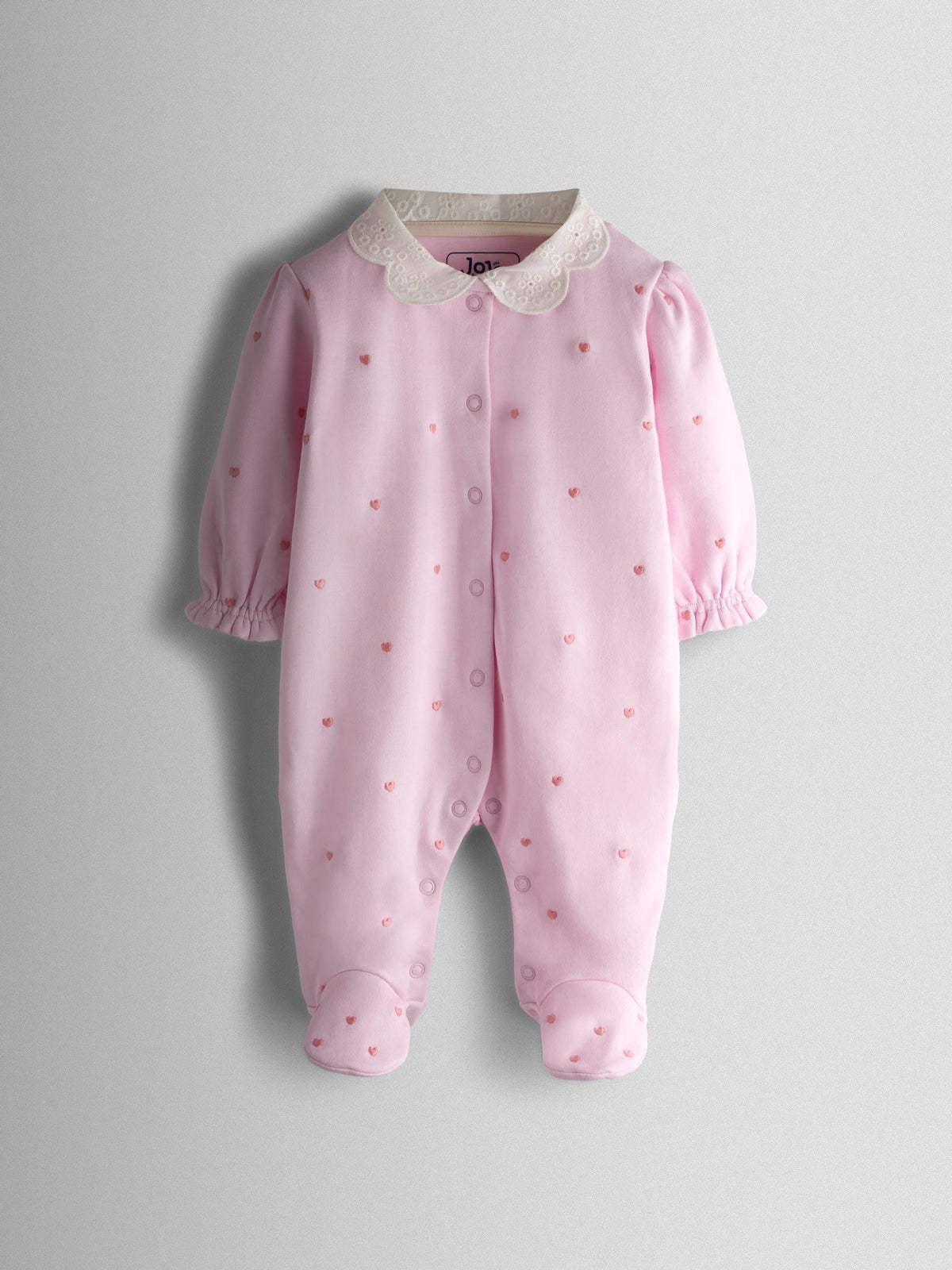 JoJo Maman Bébé Pink Heart Embroidered Cotton Footed Sleepsuit and Bonnet Set