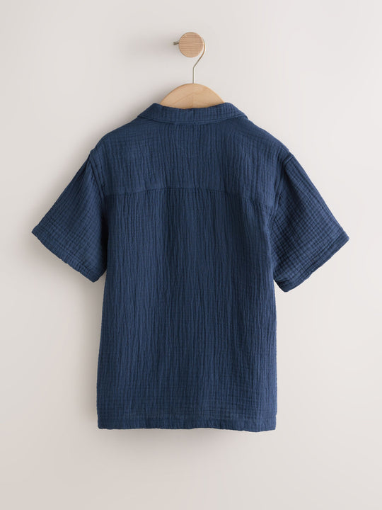 Navy Short Sleeve Revere Collar Double Cloth Shirt (3-16yrs)