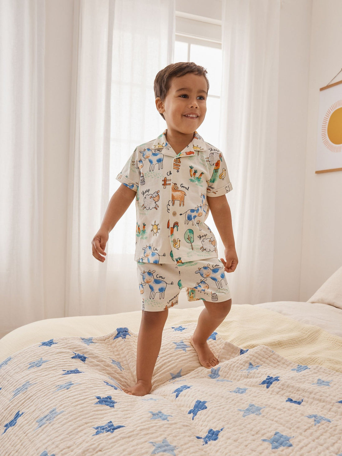Ecru/Yellow/Blue/Green Farmyard Single Button Through Short Pyjamas (9mths-8yrs)