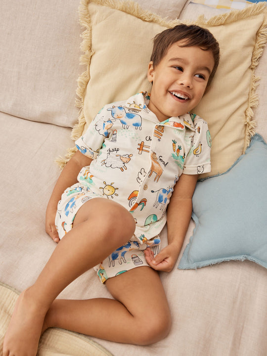 Ecru/Yellow/Blue/Green Farmyard Single Button Through Short Pyjamas (9mths-8yrs)