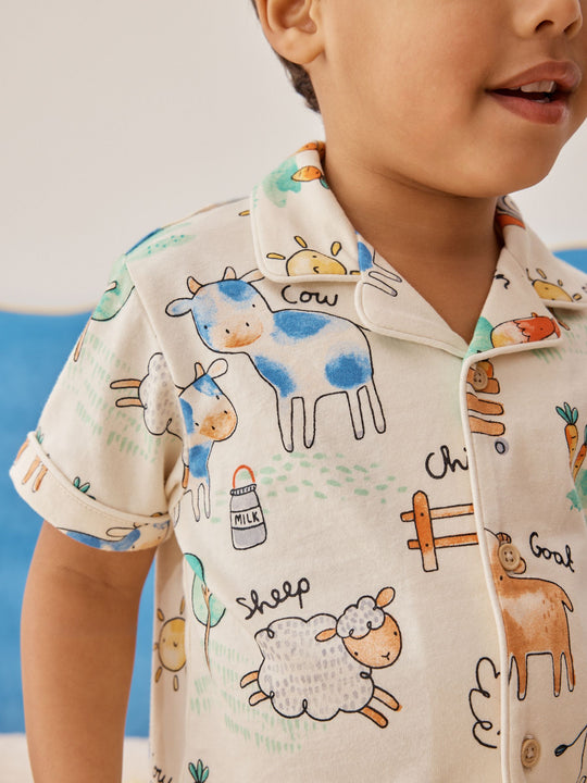 Ecru/Yellow/Blue/Green Farmyard Single Button Through Short Pyjamas (9mths-8yrs)