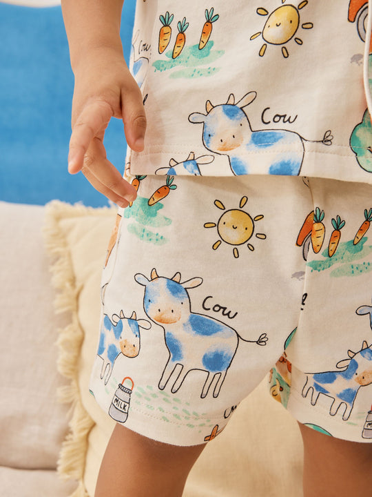 Ecru/Yellow/Blue/Green Farmyard Single Button Through Short Pyjamas (9mths-8yrs)