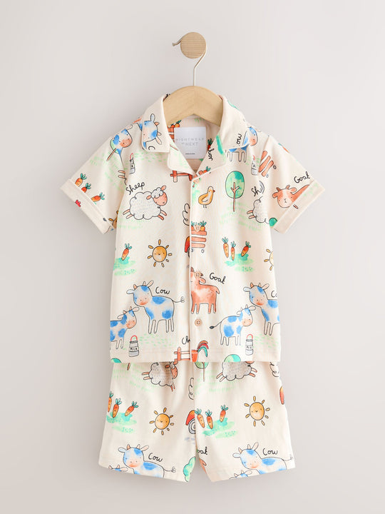 Ecru/Yellow/Blue/Green Farmyard Single Button Through Short Pyjamas (9mths-8yrs)