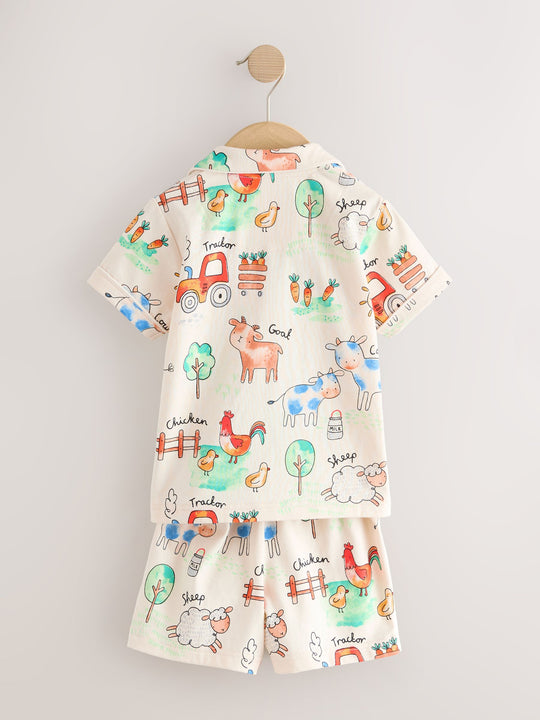 Ecru/Yellow/Blue/Green Farmyard Single Button Through Short Pyjamas (9mths-8yrs)