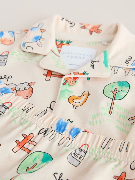 Ecru/Yellow/Blue/Green Farmyard Single Button Through Short Pyjamas (9mths-8yrs)