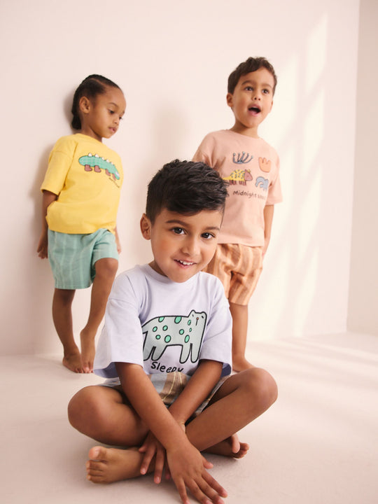 Blue/Yellow/Pink Striped Animal Short Pyjamas 3 Pack (9mths-8yrs)