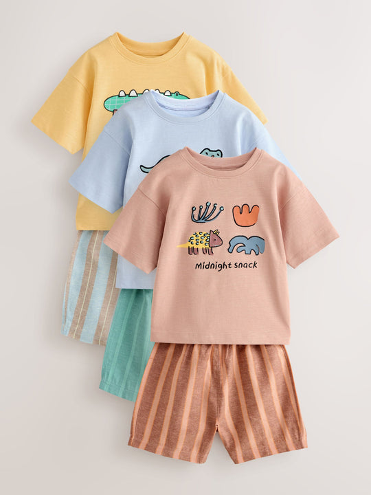 Blue/Yellow/Pink Striped Animal Short Pyjamas 3 Pack (9mths-8yrs)