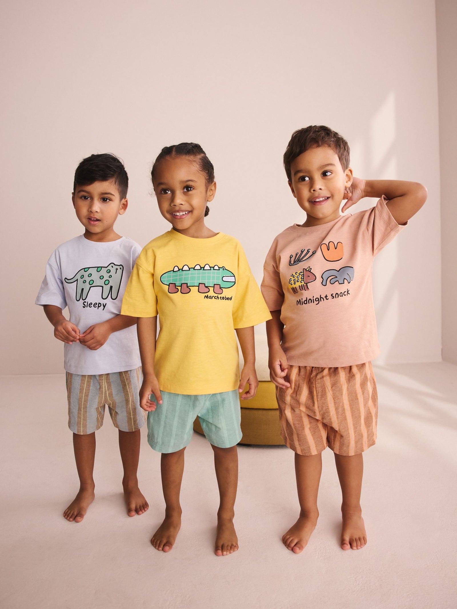 Blue/Yellow/Pink Striped Animal Short Pyjamas 3 Pack (9mths-8yrs)