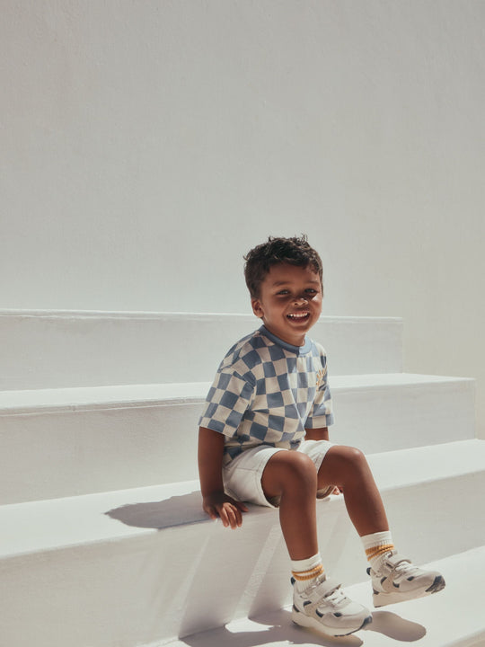 Blue/White Checkerboard Sun Short Sleeve All-Over Print T-Shirt (3 Month-7 Years) (3mths-7yrs)
