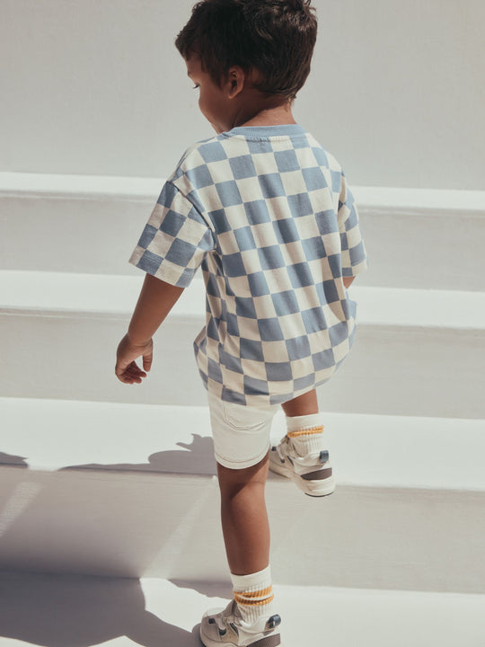 Blue/White Checkerboard Sun Short Sleeve All-Over Print T-Shirt (3 Month-7 Years) (3mths-7yrs)