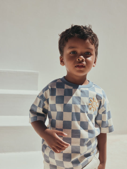 Blue/White Checkerboard Sun Short Sleeve All-Over Print T-Shirt (3 Month-7 Years) (3mths-7yrs)