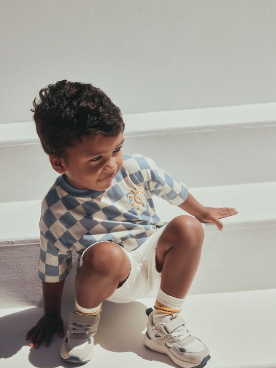Blue/White Checkerboard Sun Short Sleeve All-Over Print T-Shirt (3 Month-7 Years) (3mths-7yrs)