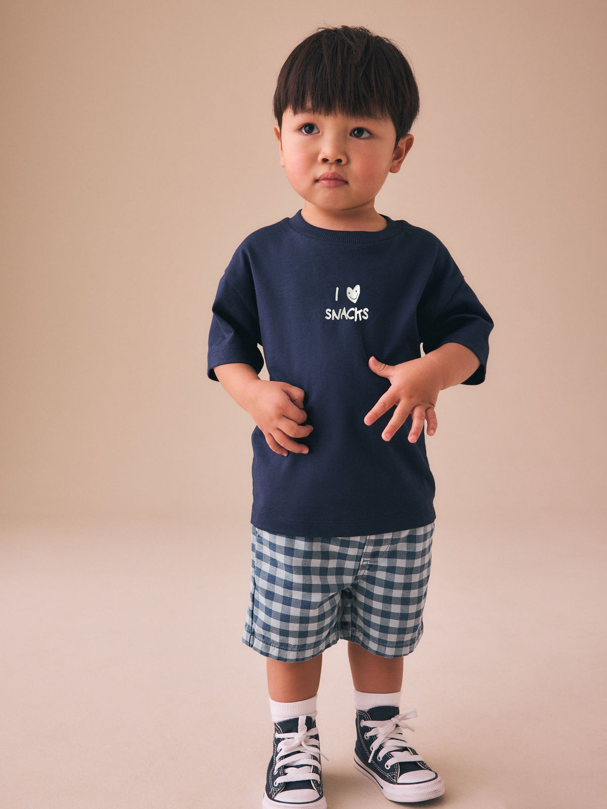 Navy Blue I love snacks Slogan Short Sleeve Small Graphic T-Shirt (3mths-7yrs)